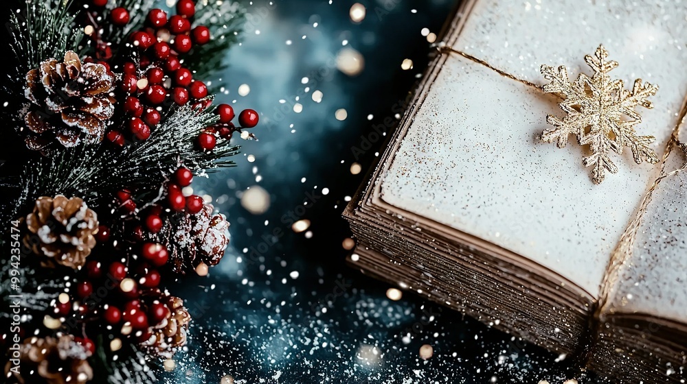 Poster a book with a snowflake atop it and a pine cone adorned with a snowflake beside it