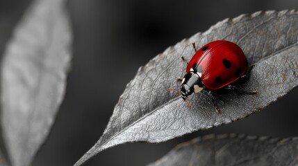 Striking Contrast of Bright Red Ladybug on Gray Leaf Background