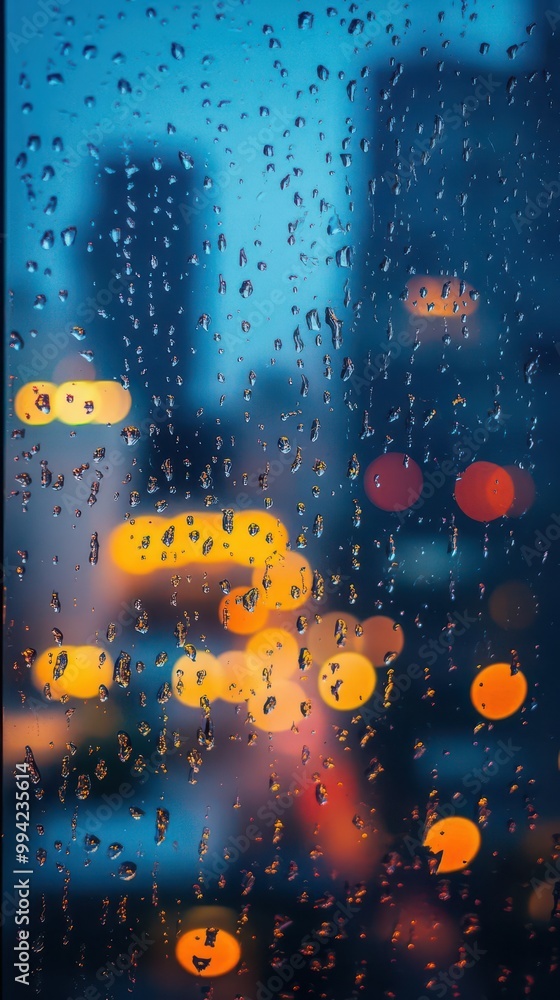 Poster close-up of raindrops on a window with a blurred city skyline in the background, creating a moody at