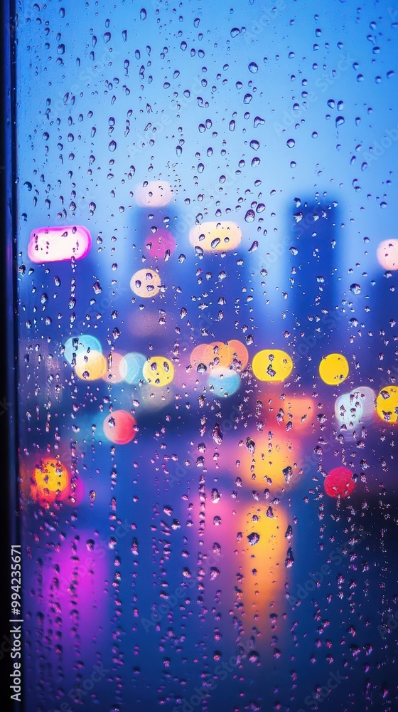 Poster a close-up of raindrops on a window with a blurred city skyline in the background, creating a moody 