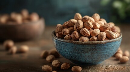 A blue bowl filled with almonds on a rustic wooden table with a blurred background of a second bowl of almonds.