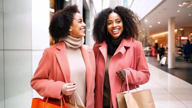 Two beautiful female friends in pink walk through shopping mall after successful shopping spree