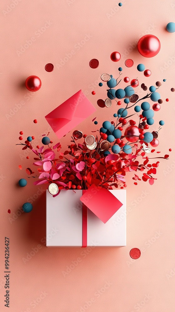 Poster a pink background with a white box adorned by a red bow and an array of red and blue confetti