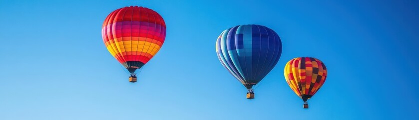 Naklejka premium Brightly colored hot air balloons floating across a clear blue sky, vibrant patterns in flight, background, joyful adventure