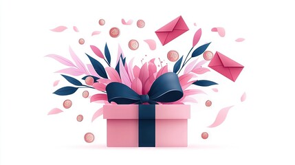   A pink gift box with a blue ribbon and a blue bow, surrounded by confetti and streamers