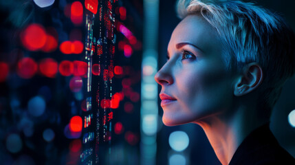 Woman with short hair looking at digital screen