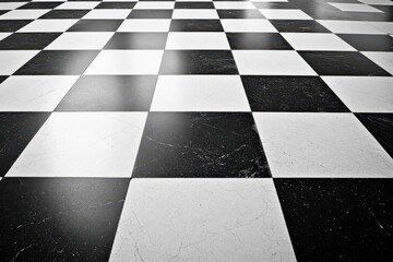 Black and white checkerboard floor with sharp geometric lines, high contrast, background, classic pattern