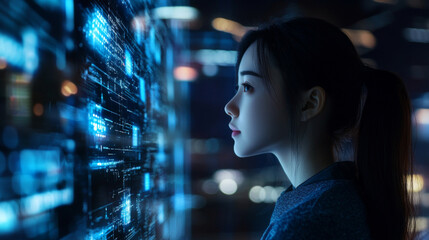 Young woman looking at digital data interface, technology concept