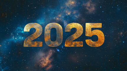 Golden New Year 2025 in space with dark galaxy background