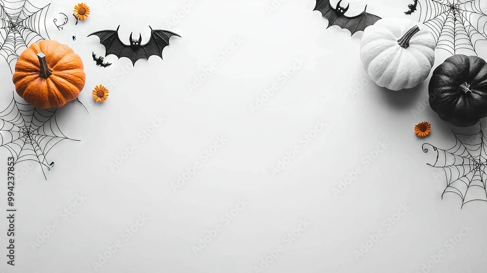 Poster a cluster of pumpkins perched atop a table adjacent to a pair of bats and cobwebs