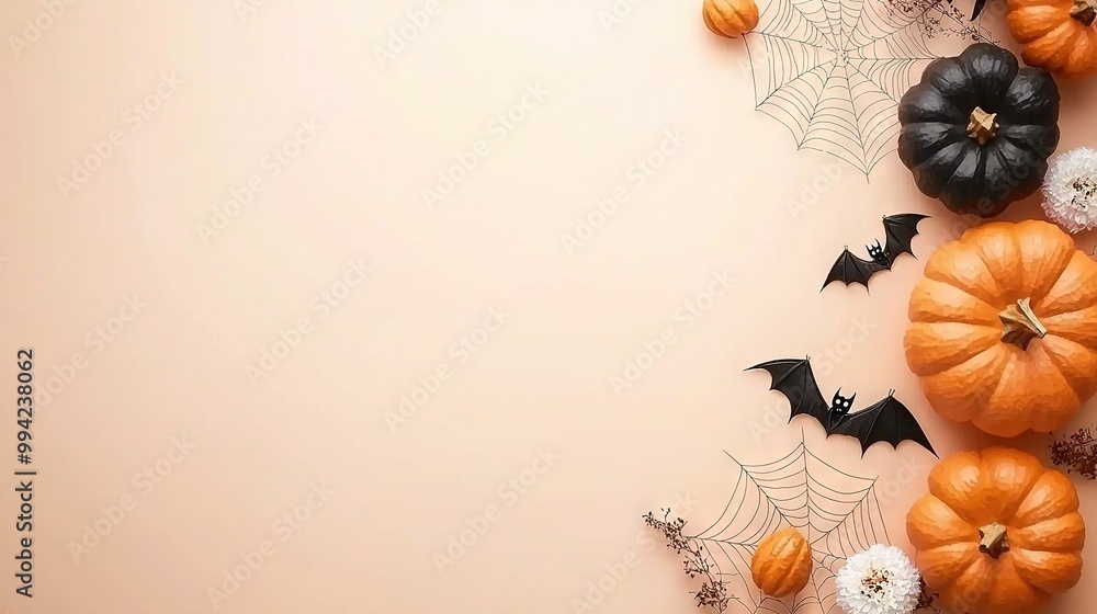 Poster a group of pumpkins on a table with bats and spider webs above them