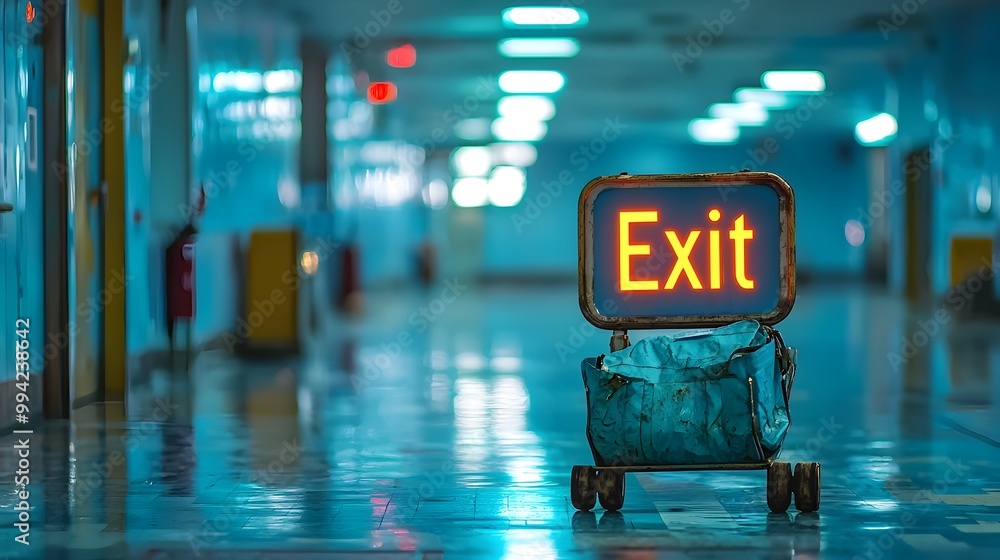 Poster Glowing Exit Sign Directing Travelers to Emergency Exit within Bustling Airport Terminal Building  Illuminated Signage Providing Clear Guidance and Safe Passage during Travel