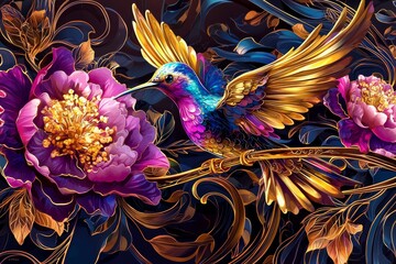 Obraz premium Illustration of a pattern design made with a hummingbird, flowers, leaves, and wildlife animals.