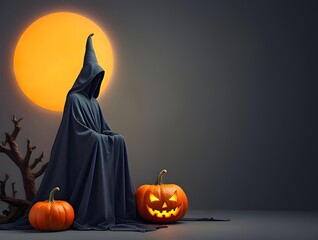 Mysterious Hooded Figure with Pumpkins Under Full Moon