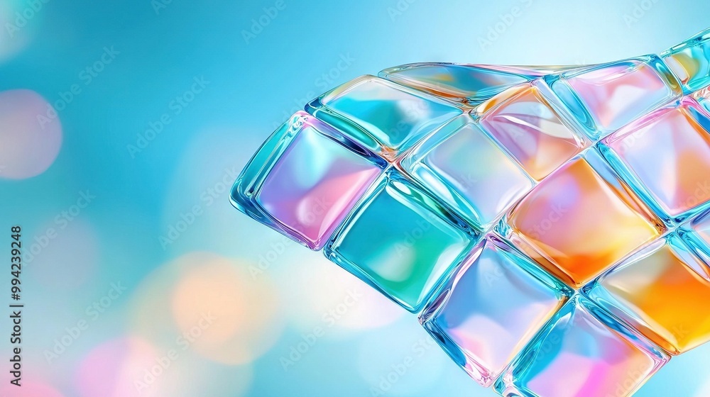 Poster close-up image of colorful glass object on blue background with soft focus background lights