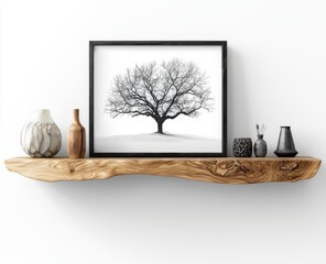 Modern living room interior design: floating wood shelf with frames and vases on white wall. Organization of home storage.