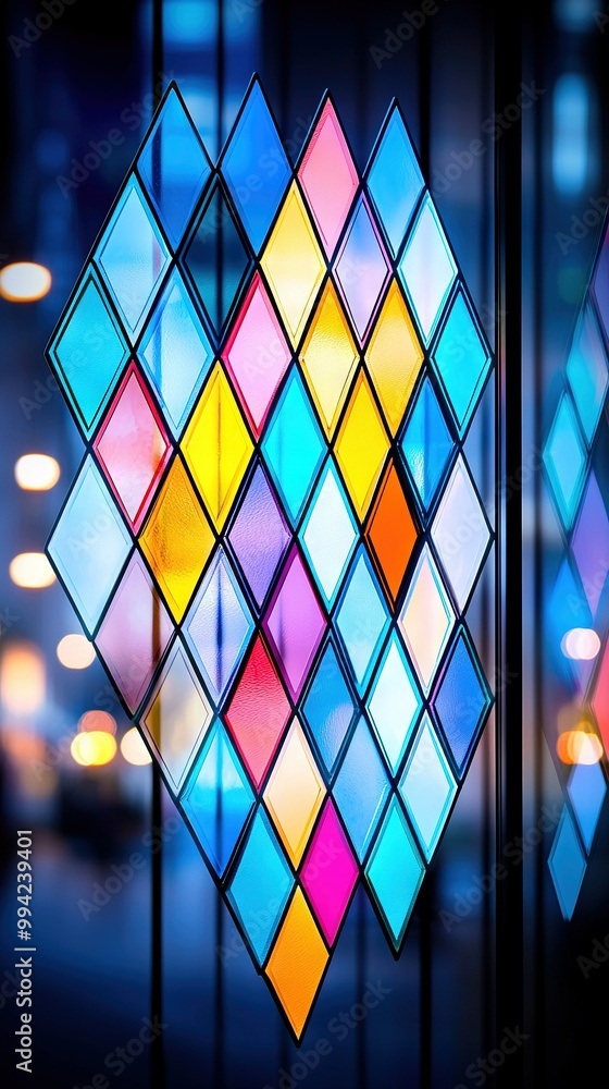 Aufkleber a close-up of a stained glass window with a building in the background and a street light in the for