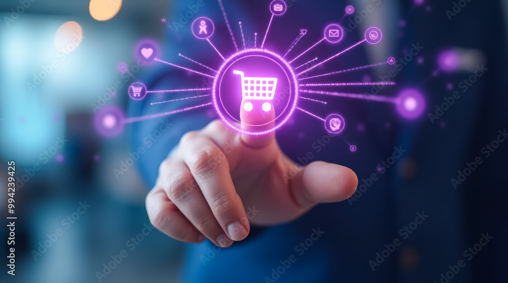 Poster a person interacts with a digital shopping interface, displaying vibrant holographic icons represent