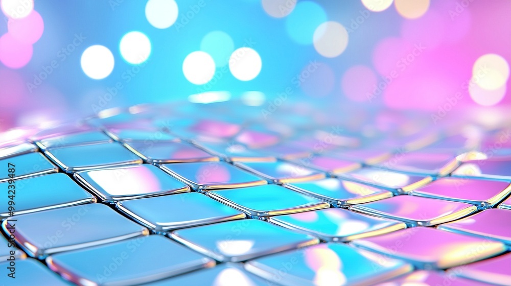 Poster close-up image of a polished object with a hazy background of blue, pink, and yellow circle patterns