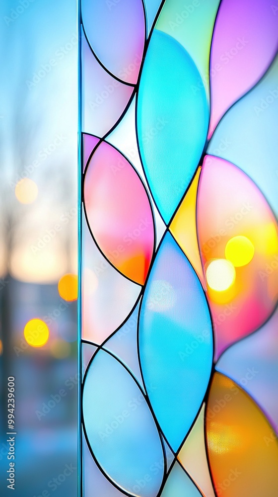 Poster a clear depiction of a close-up stained glass window with a crisp background featuring trees and a d