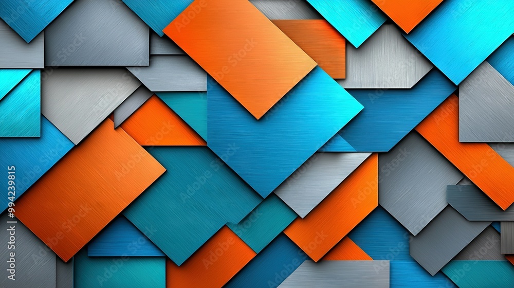 Poster a detailed view of a metallic surface featuring orange and blue geometric shapes arranged in overlap
