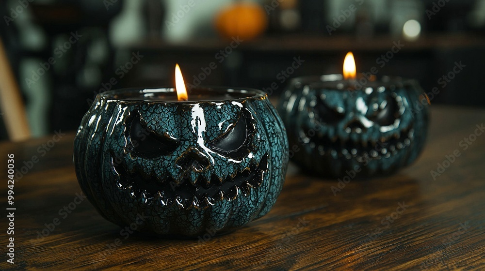 Poster a close-up of two candles on a table with a jack-o'-lantern face carved into it
