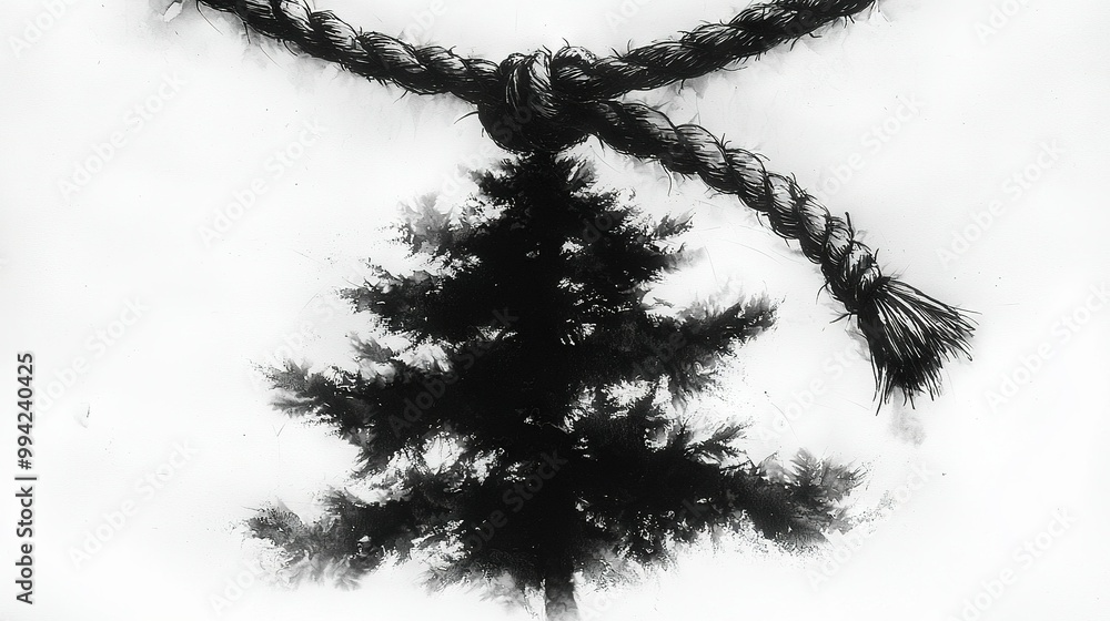 Poster   A black and white image of a pine tree with a rope dangling from its branch, set against another pine tree in the background