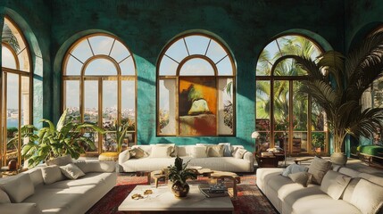 The living room of a modern home has a brass coffee table and a curved turquoise arch with an empty wall