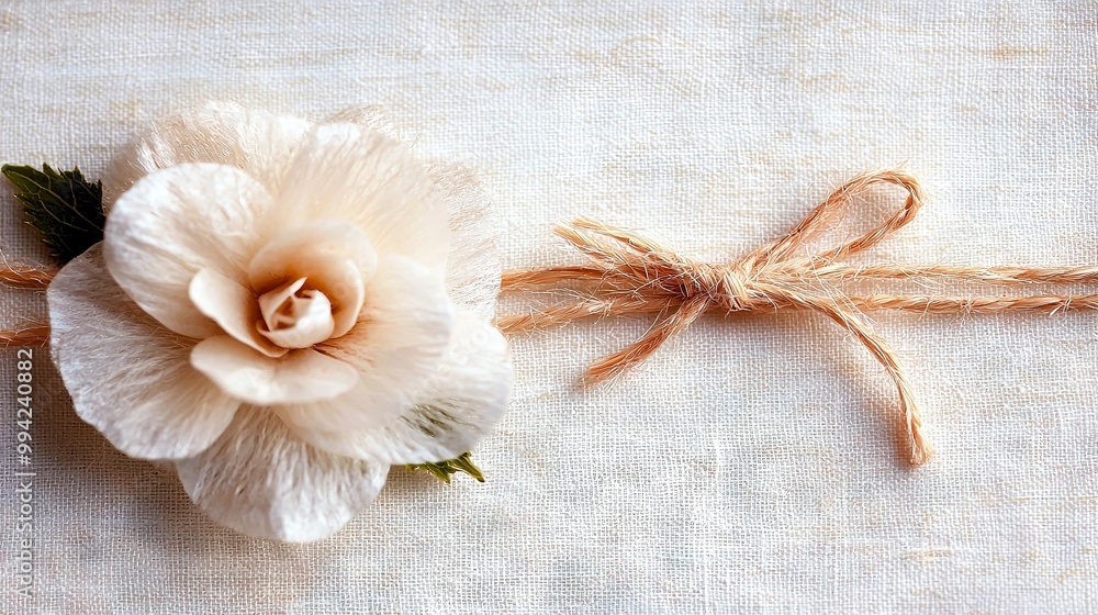 Poster a white flower resting atop a table alongside string and twine