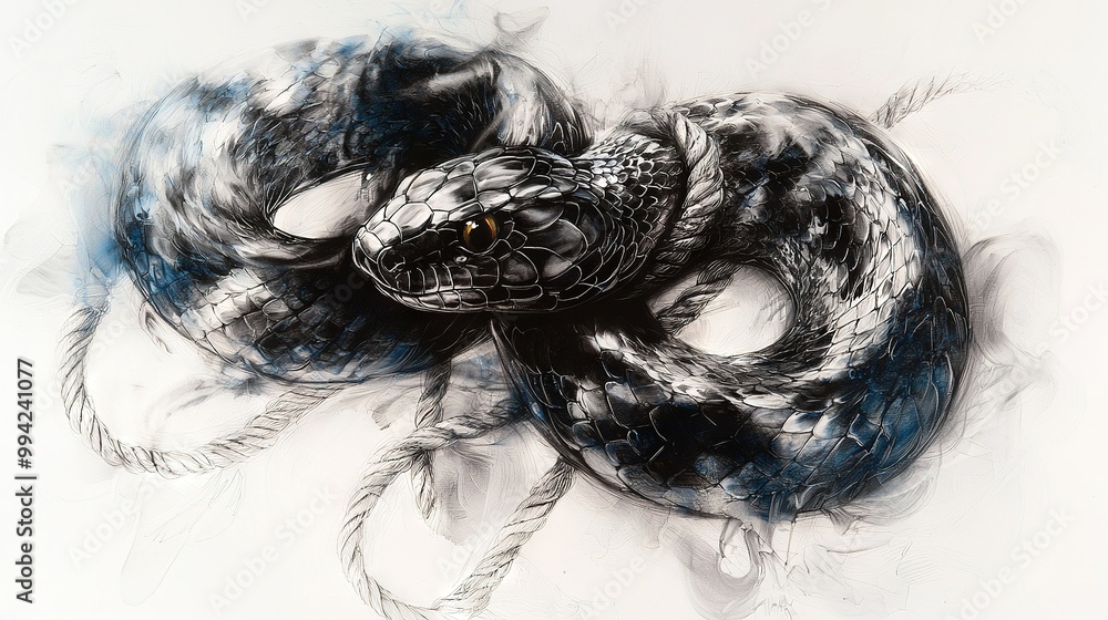 Poster a monochrome illustration featuring a serpent adorned with plumage on its spine and displaying the h