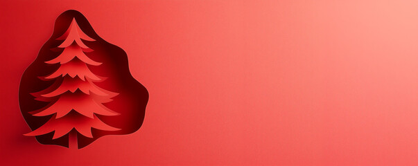 Red vibrant Christmas tree paper cut minimalist design background with copy space, creative greeting card.