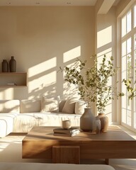 The rustic barn wood coffee table sits against a beige sofa and a stucco wall with copy space. The whole room is done in Wabi-sabi home interior design.