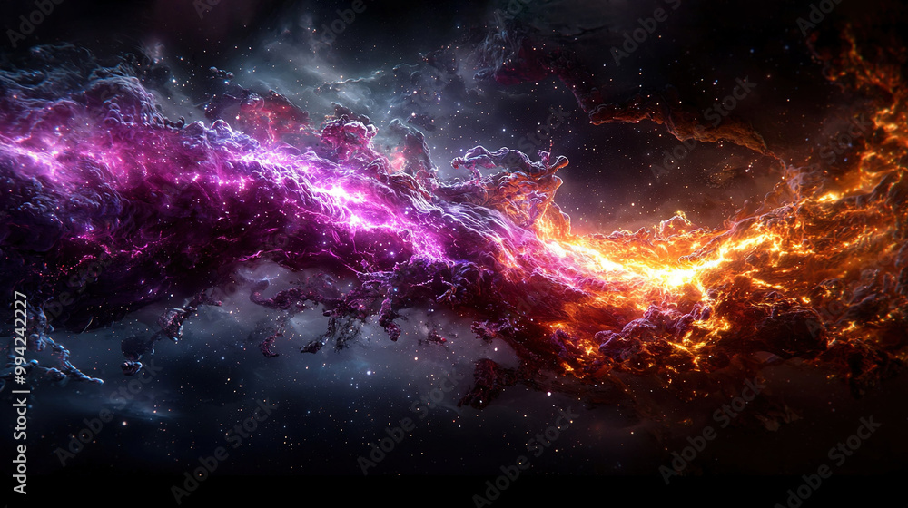 Poster a space scene with a fire-and-ice-like structure in the center on a black background