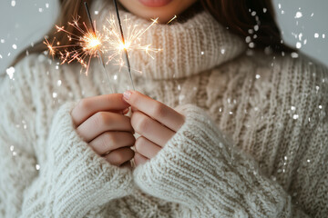 Woman wearing cozy winter sweater celebrating Christmas holiday or event, holding glowing burning sparklers in hands. Happy New Year!
