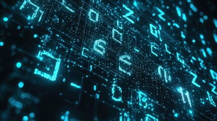 Futuristic digital interface with glowing letters and numbers