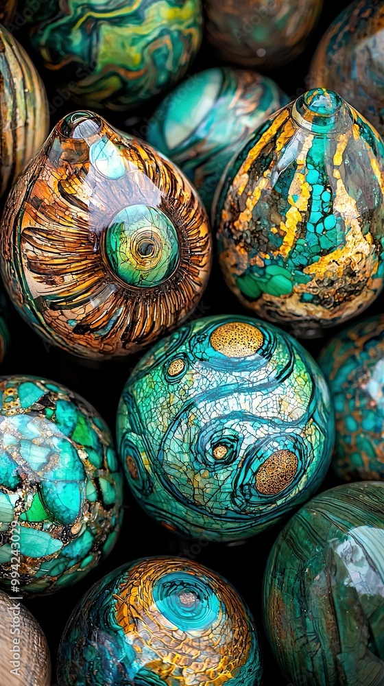 Poster a macroscopic image of various-sized and colored marbles stacked atop one another