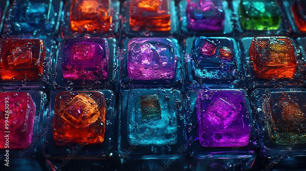 Poster a row of colorful ice cubes stacked atop each other