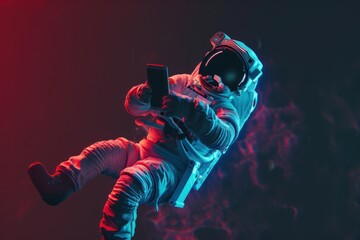 Naklejka premium full body figure of a levitating astronaut using a smartphone in dark open space