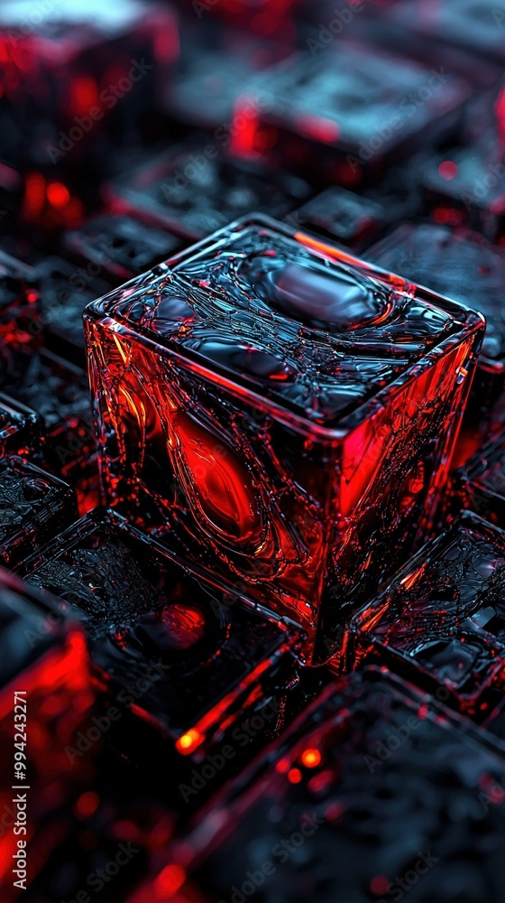 Poster a close-up of a red and black object amidst a cluster of red and black cubes