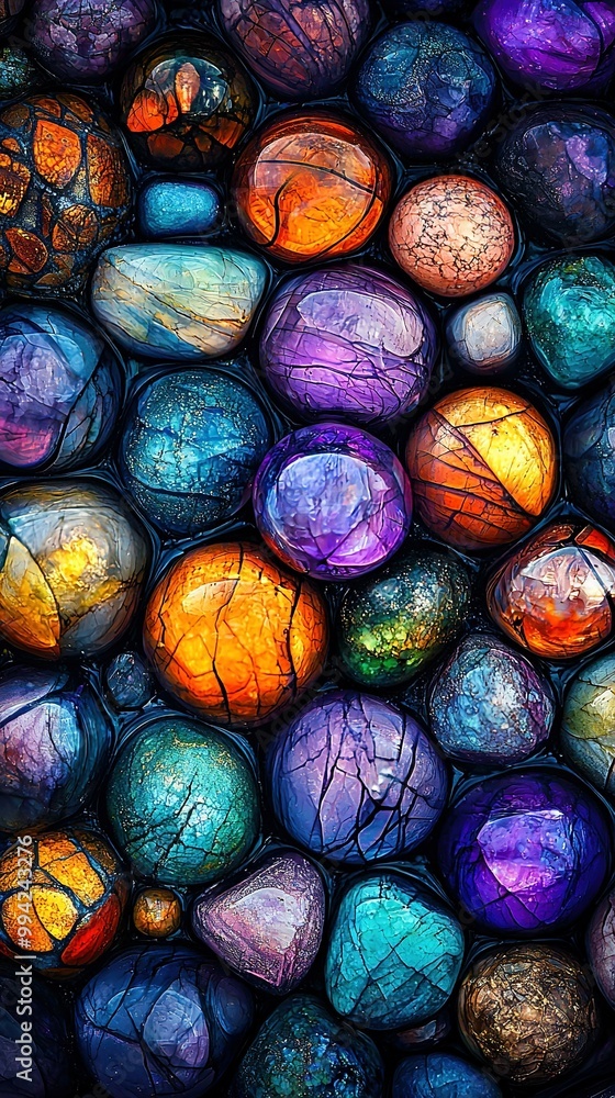 Poster a cluster of diverse-colored rocks forms a spherical shape atop one another in this close-up image