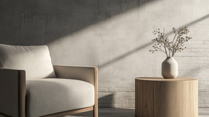 Cozy living room corner with a minimalist chair and a simple vase on a wooden table, basking in warm afternoon light