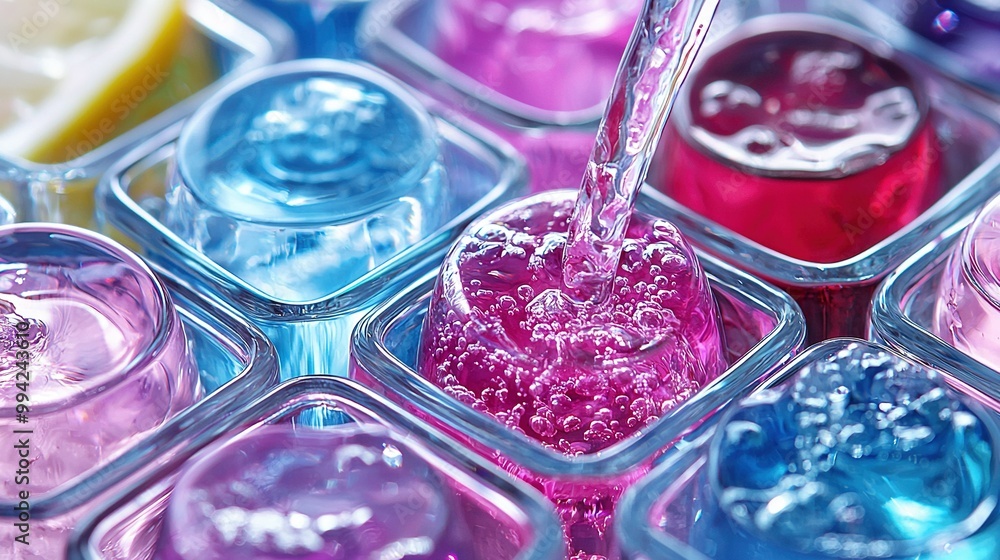 Poster close-up image of colorful liquids in a tray with lemons in the backdrop