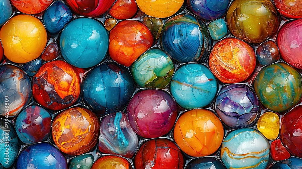 Poster a pile of multi-colored marbles is stacked in layers with an array of hues