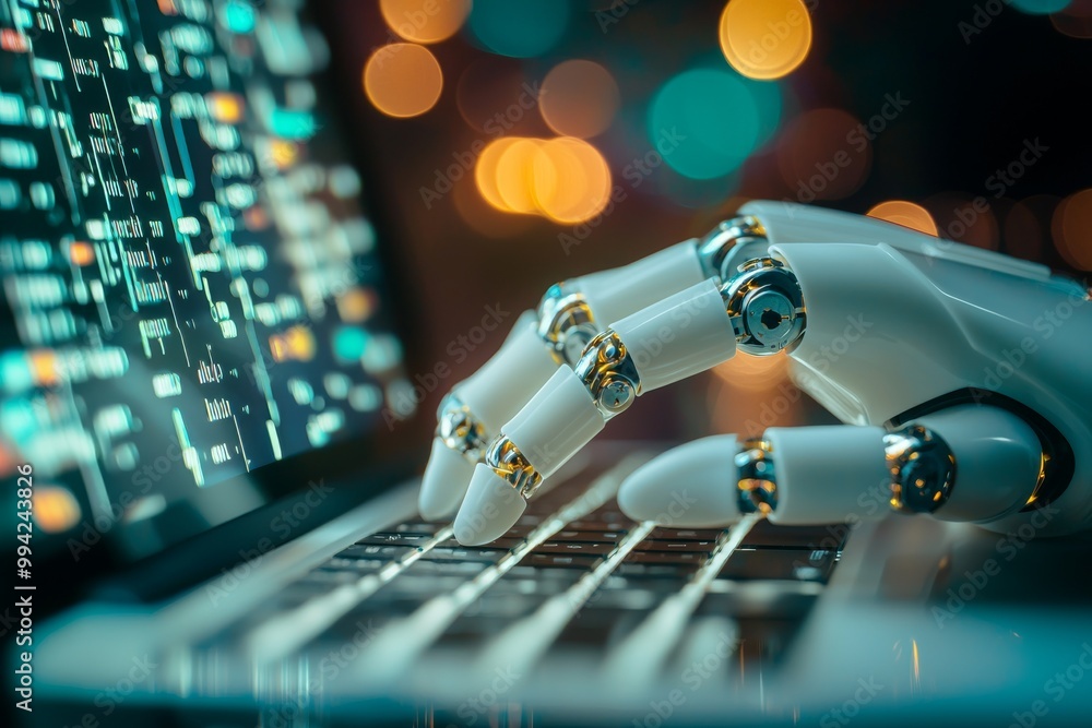 Aufkleber robotic hand illuminated by computer screens interacts with laptop keyboard in a stock illustration