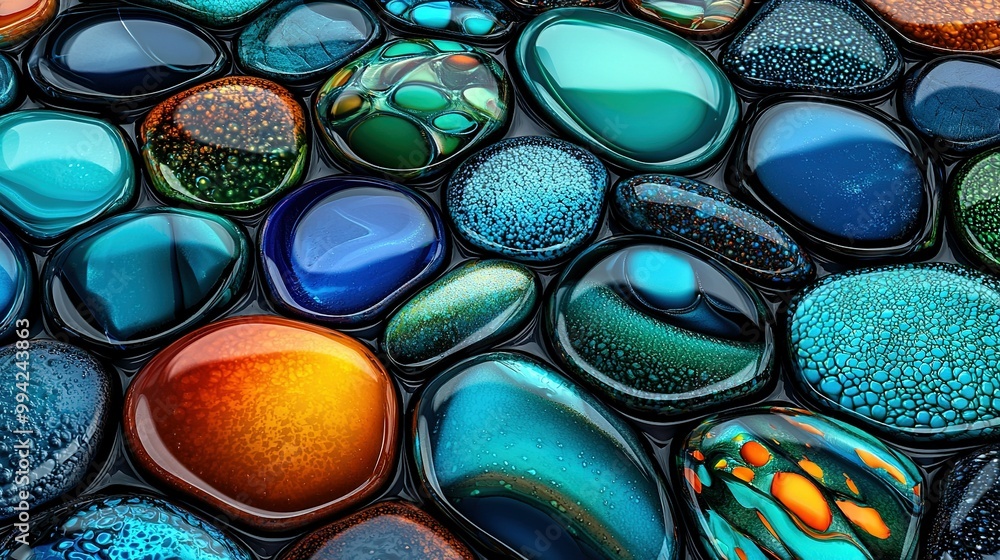 Poster a close-up of multicolored rocks with painted patterns and water droplets
