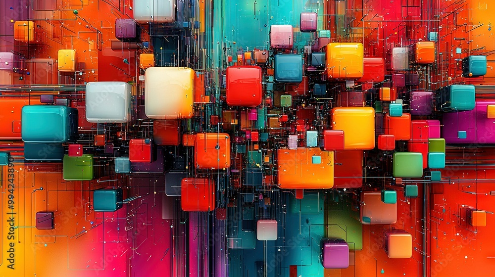 Poster a painting with colorful squares and rectangles on a multicolored background