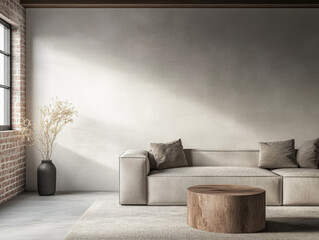 Modern minimalist living room with a plush sofa, wooden table, and natural light streaming through large windows