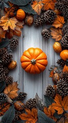 A warm autumnal arrangement featuring vibrant pumpkins, crisp leaves, and pine cones, perfect for Thanksgiving and Halloween celebrations and invitations.