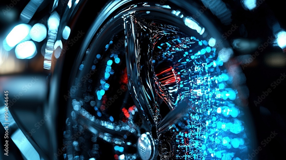 Poster a sharp image of a car's wheel with vibrant background lights and a clear foreground