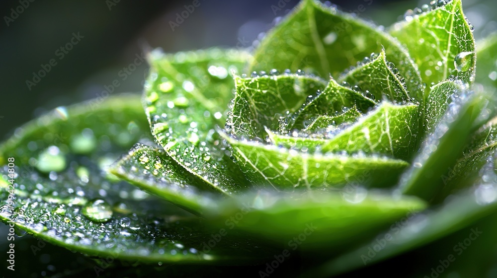 Poster a green leaf with droplets on its surface in sharp focus against a blurred, out-of-focus backdrop